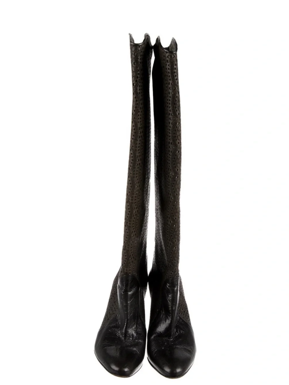 MANOLO BLAHNIK laser cut Tall Perforated Black Leather High Heel Boots 6.5